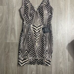 Lulu's Black and Cream Geometric Mini Dress